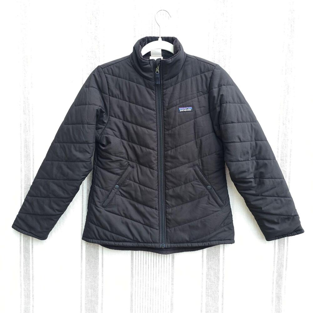 Patagonia Jacket Girls 14 Black Reversible Fleece Snow Flower Quilted Full Zip
